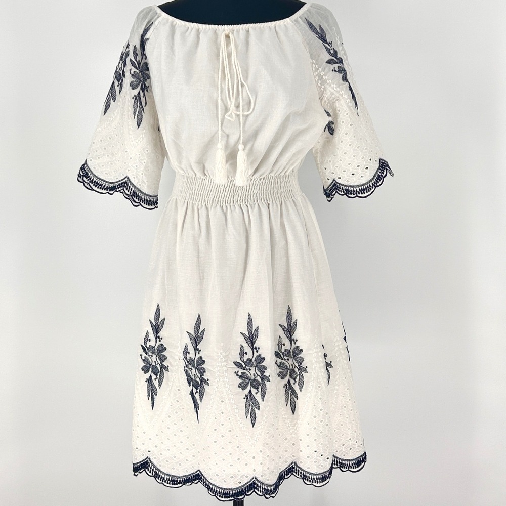 Kindred Embroidered Peasant Derby Dress White Blue Boho Cottage Smocked Medium - Picture 2 of 12
